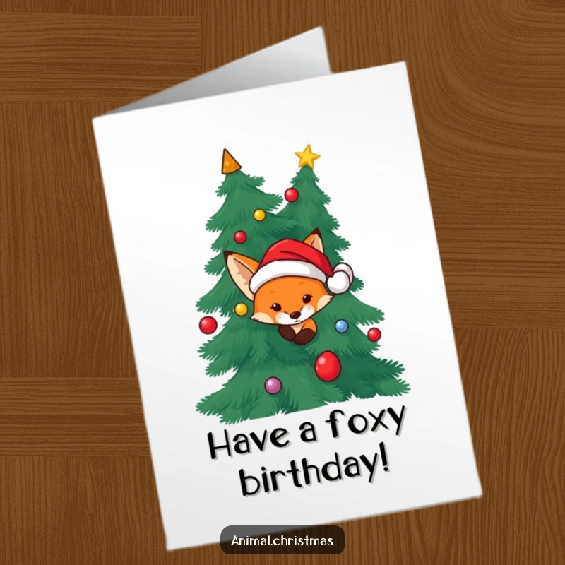 Funny Free Printable Birthday Card: A fox in a Santa hat playfully peeks from behind a Christmas tree.