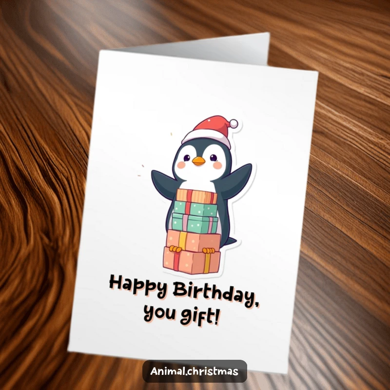 Funny Free Printable Birthday Card: Kawaii penguin playfully balancing gifts, ideal for a humorous DIY birthday celebration.