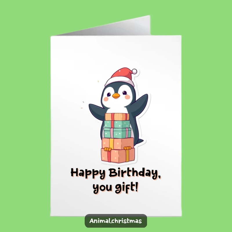 Free Printable Birthday Card: Funny Penguin Balancing Gifts DIY Downloadable