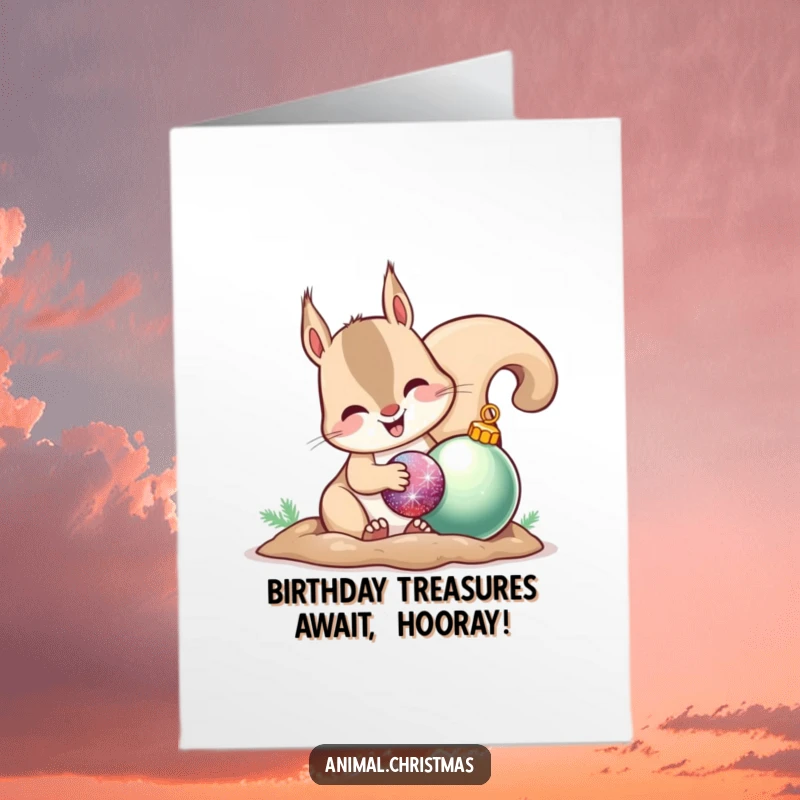 Funny Free Printable Birthday Card: A joyful squirrel happily buries a sparkling ornament, ready for the party.