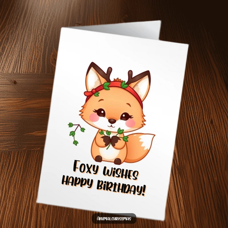 Funny Free Printable birthday card: A kawaii fox in a reindeer headband holds mistletoe, ready for a festive birthday surprise. Downloadable!