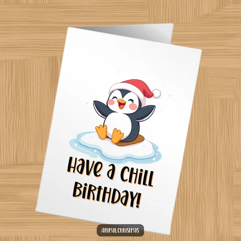 Funny Free Printable Birthday Card: A penguin in a Santa hat gleefully slides on ice, capturing icy birthday cheer.