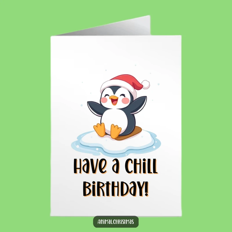 Free Printable Birthday Card: Penguin Santa Slide Funny Downloadable Greeting Fun