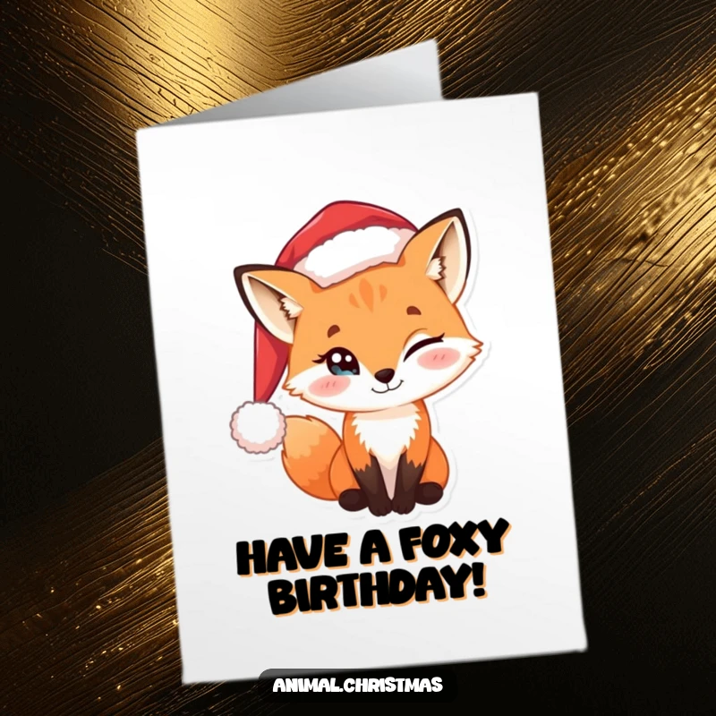 Funny Free Printable Birthday Card: A sly fox with a knowing twinkle in its eye wears a Santa hat playfully.