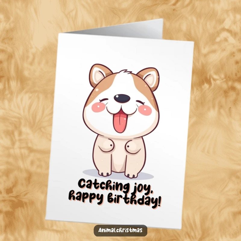 Funny Free Printable Birthday Card: Joyful cartoon animal with its tongue out, happily catching delicate snowflakes falling from the sky.