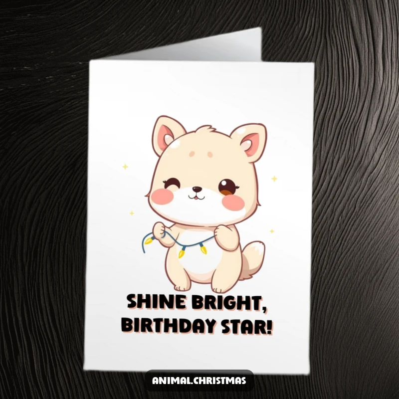 Funny Free Printable Birthday Card: Mischievous cartoon animal winking with one eye, holding a string of glowing, twinkling fairy lights.
