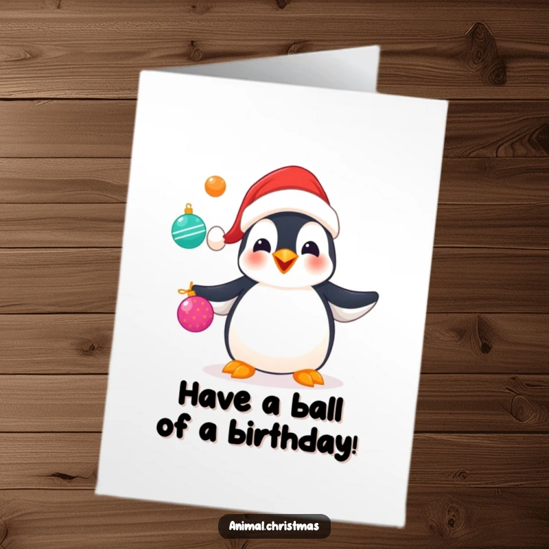 Funny free printable birthday card of a penguin in a Santa hat joyfully juggling Christmas ornaments, bringing festive mirth.