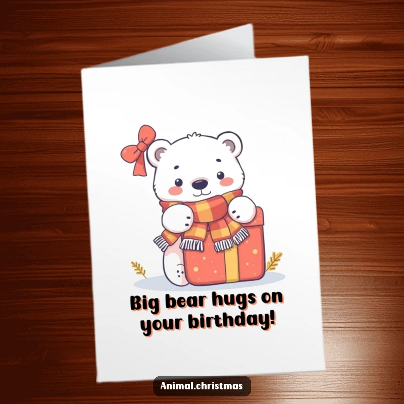 Funny free printable birthday card: a polar bear in a scarf peeks from behind a large gift, hinting at surprises.