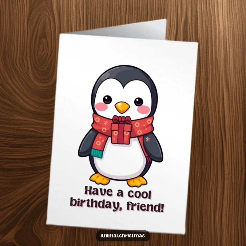 Funny Free Printable Birthday Card: A cute penguin in a festive scarf holds a decorated gift, wishing happy birthday.