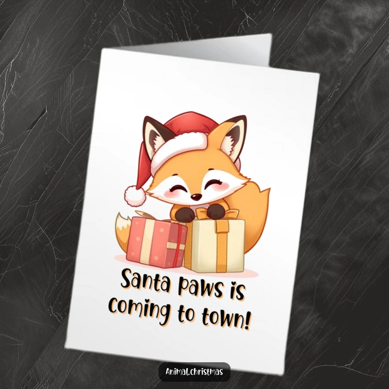 Funny free printable birthday card featuring a delighted fox in a Santa hat, tearing into a gift with pure excitement.