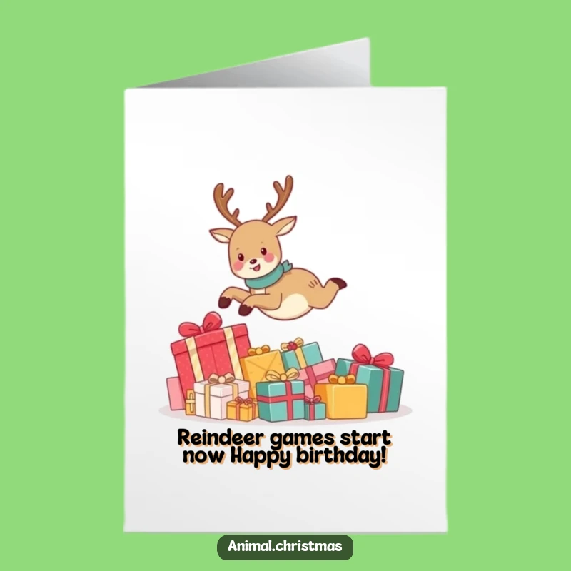 Funny Free Printable Birthday Card: Leaping Reindeer Joyful Gift Jump Downloadable