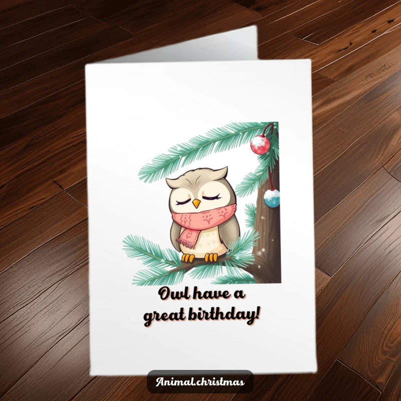 Funny Free Printable Birthday Card: A sleepy owl in a knitted scarf nods off inside a frosted pine tree.
