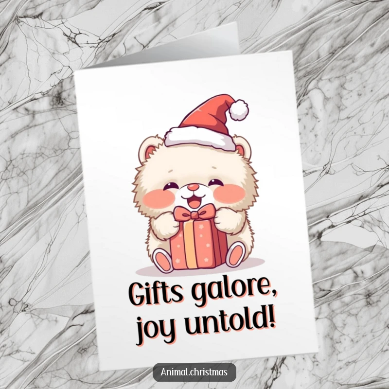 Funny Free Printable Birthday Card: Fluffy animal in Santa hat unwraps gift with excitement, a joyous holiday surprise.