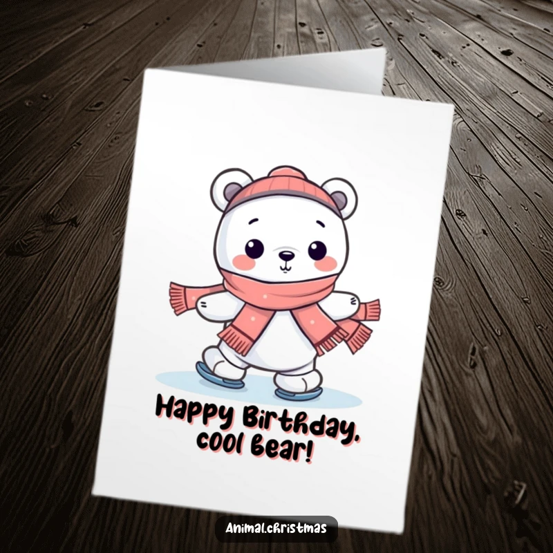 Funny Free Printable Birthday Card: Kawaii polar bear cheerfully ice skating, perfect for a humorous DIY birthday.