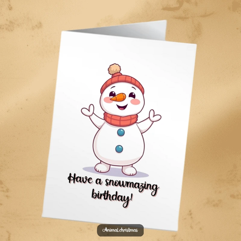 Funny Free Printable Birthday Card: A cheerful snowman with a carrot nose is joyfully doing a little dance.