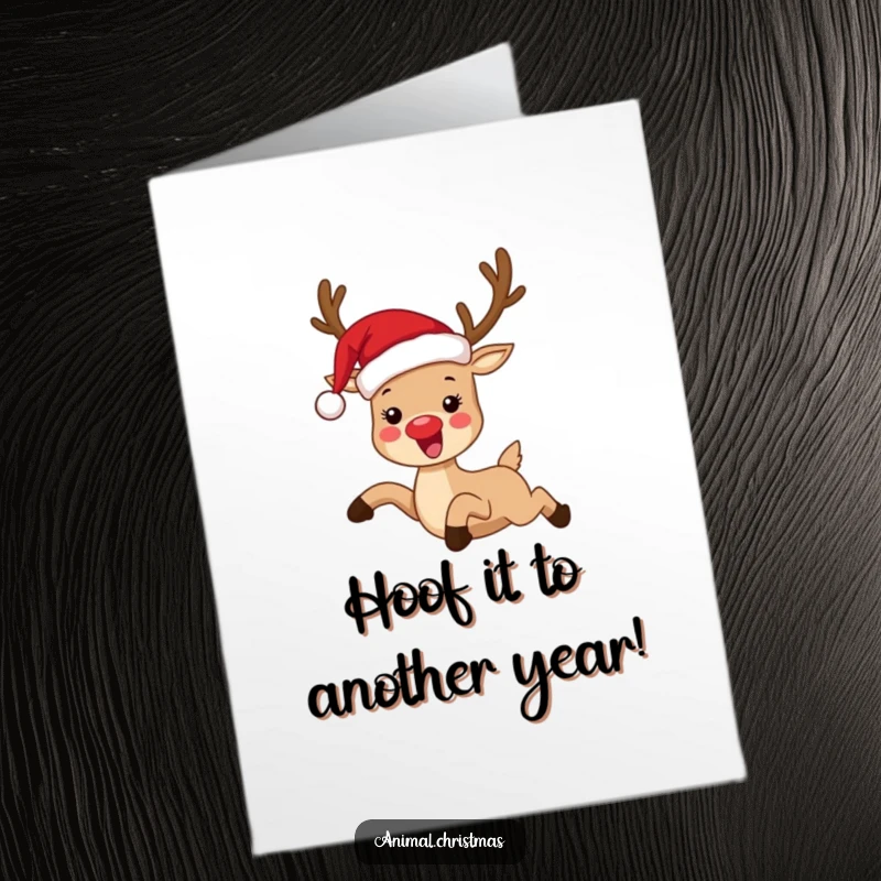 Funny Free Printable Birthday Card: A joyous reindeer in a Santa hat leaps with excitement, ready to deliver birthday wishes.