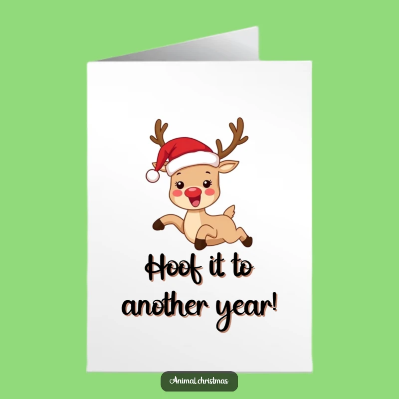 Free Printable Funny Reindeer Birthday Card: Joyful Leaping Santa Hat Downloadable Gift