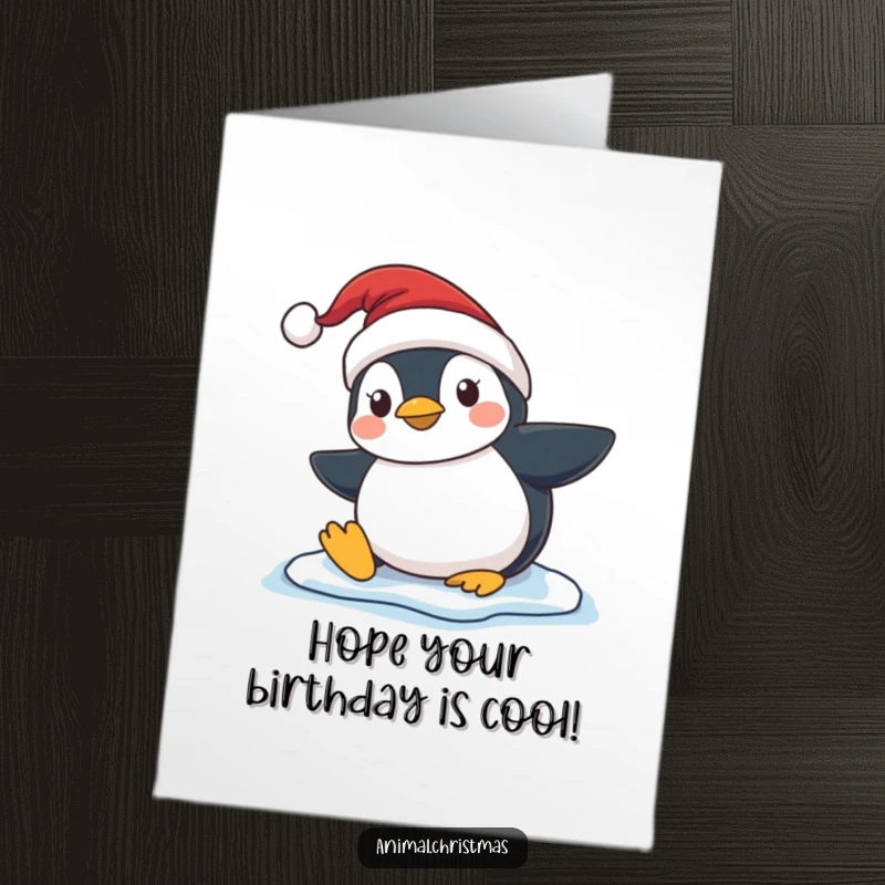 Funny free printable birthday card featuring a penguin in a Santa hat comically slipping on an icy surface.