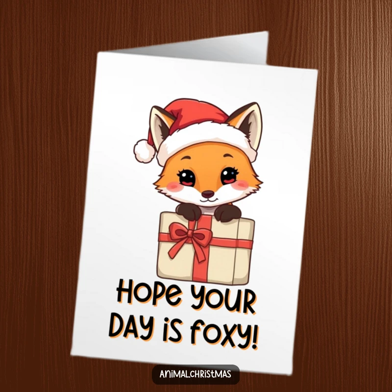 Funny Free Printable Birthday Card: A fox in a tiny Santa hat peeks from behind a present, wishing happy birthday.