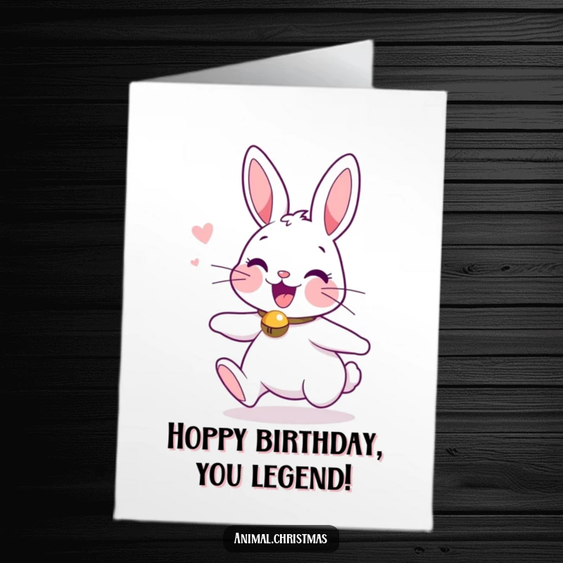 Funny Free Printable Birthday Card: Excited bunny with a jingle bell collar bounces joyfully, ready to party.