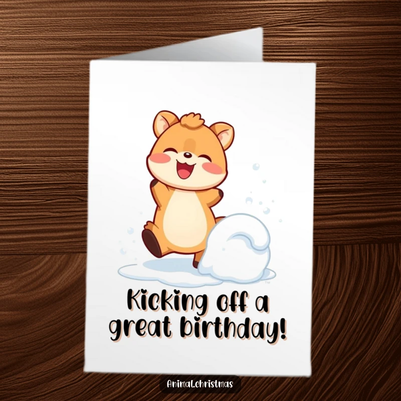 Funny Free Printable Birthday Card: Energetic cartoon animal joyfully kicking up a spray of snow, pure happiness on its face.