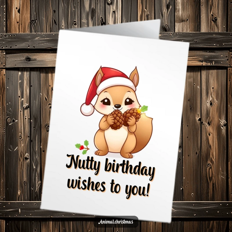 Funny Free Printable Birthday Card: Squirrel in Santa hat holding glowing pinecone, wishing a bright DIY birthday.