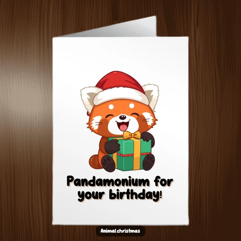 Funny Free Printable Birthday Card: Red panda in Santa hat joyfully unwraps a gift, celebrating birthdays with holiday spirit.