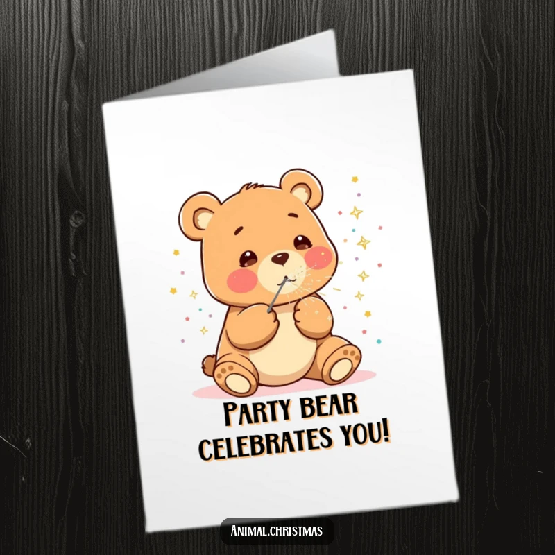 Funny Free Printable Birthday Card: A happy kawaii bear blows colorful, sparkly confetti, radiating pure birthday joy and excitement.