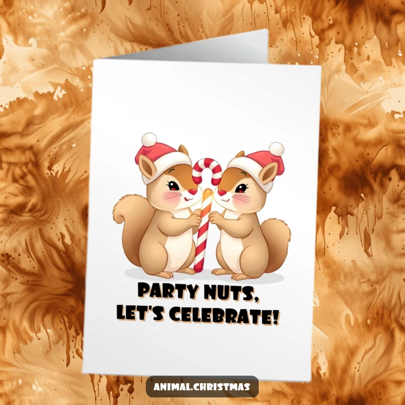 Funny Free Printable Birthday Card: Squirrels in tiny hats sharing a glowing candy cane, celebrating birthdays with sweetness.