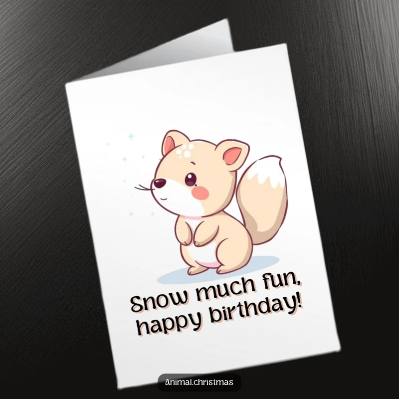 Funny Free Printable Birthday Card: Animal playfully flicks its tail, sprinkling sparkling snow with a happy expression.