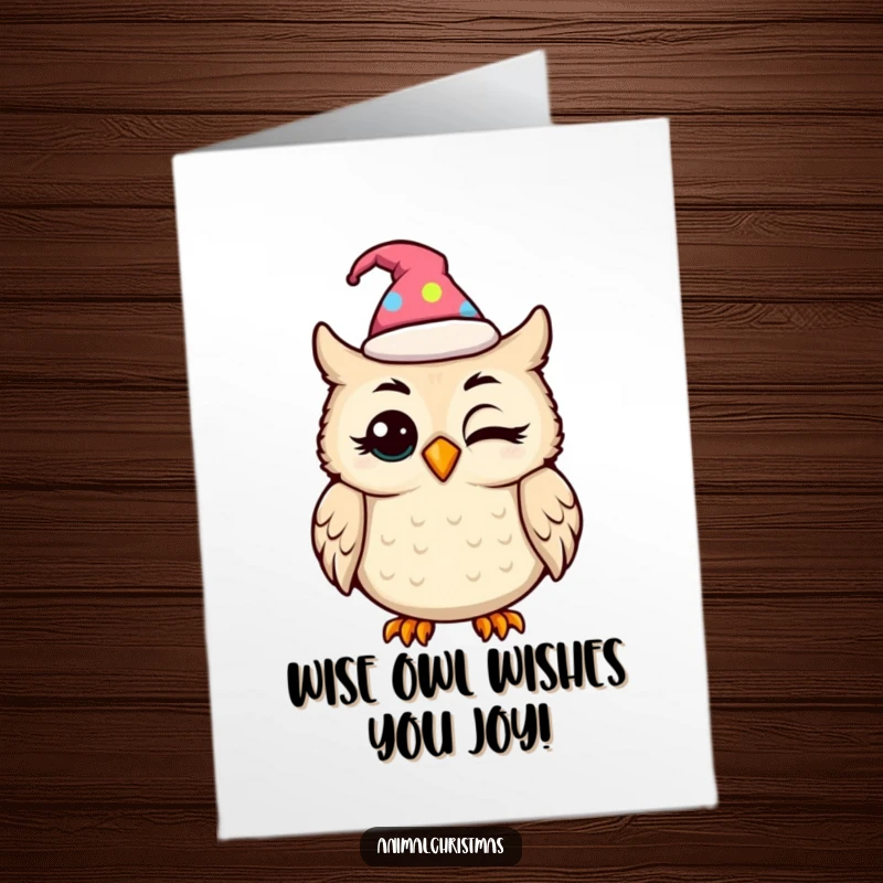 Funny Free Printable birthday card: Adorable kawaii owl in a party hat blinks with pure amusement, ready to deliver birthday cheer. Download now!