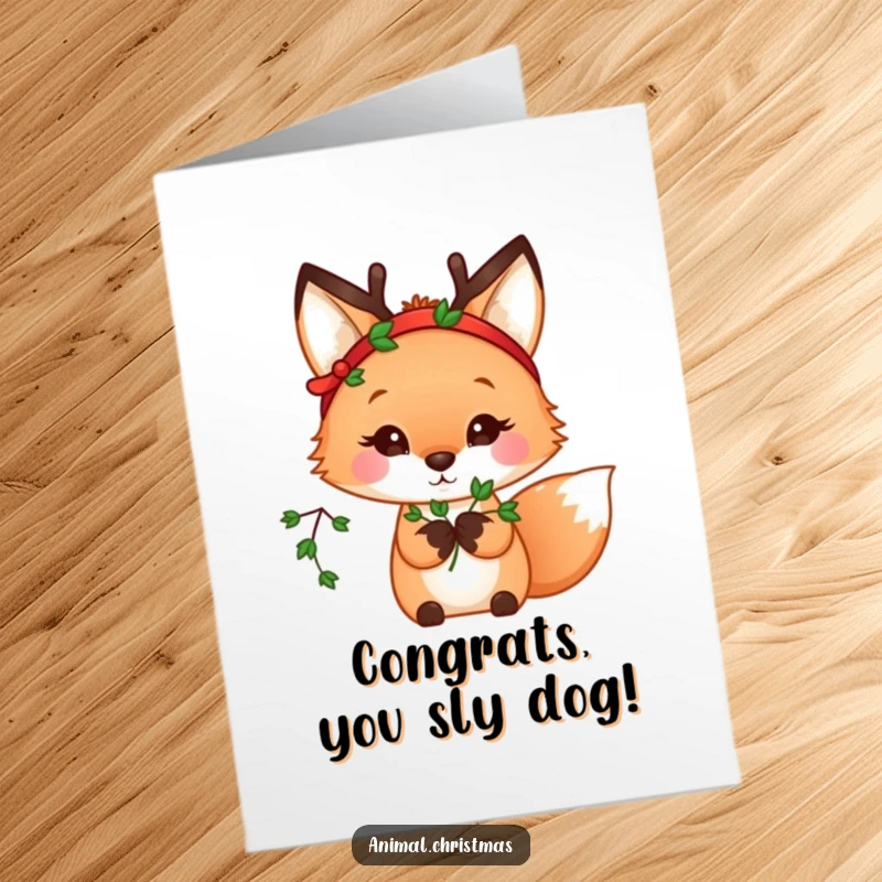 Funny Free Printable congratulations card: A kawaii fox wearing a reindeer headband holds mistletoe, ready to celebrate your amazing news. Get it!