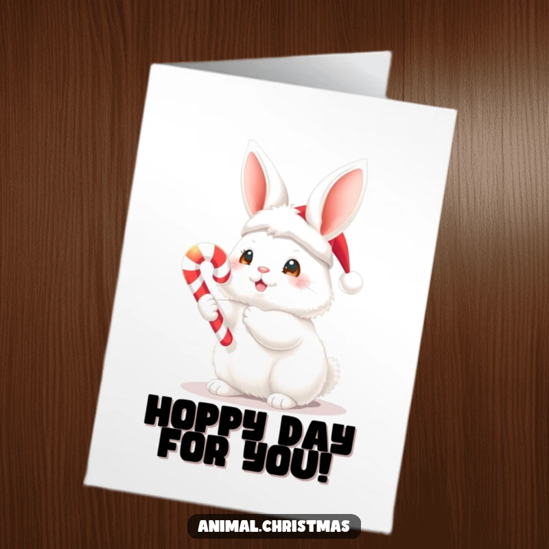 Free Printable Congratulations Card: A fluffy bunny in a Santa hat joyfully holds a candy cane, sending festive wishes.
