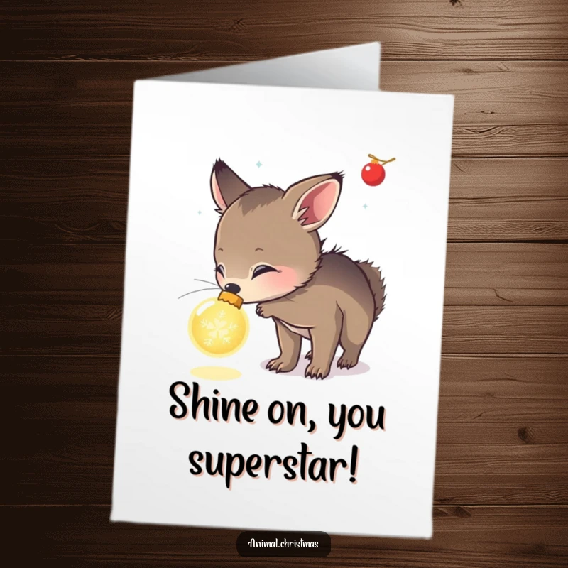 Funny Free Printable Congratulations Card: An animal curiously sniffs a glowing ornament, celebrating success.