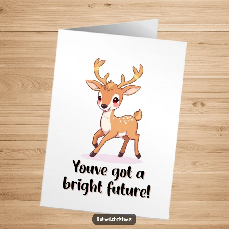 Funny Free Printable Congratulations Card: Happy deer with twinkling lights in antlers prancing, celebrating success with festive flair.