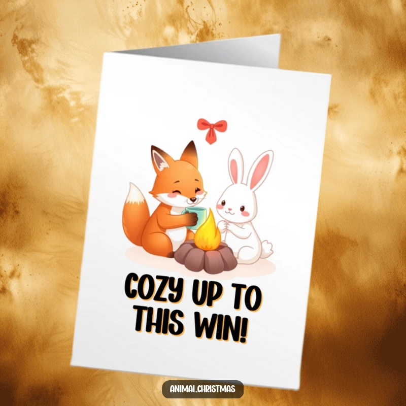 Free Printable Congratulations Card: A fox and rabbit share a mug by a festive fire, toasting to success with cozy warmth.