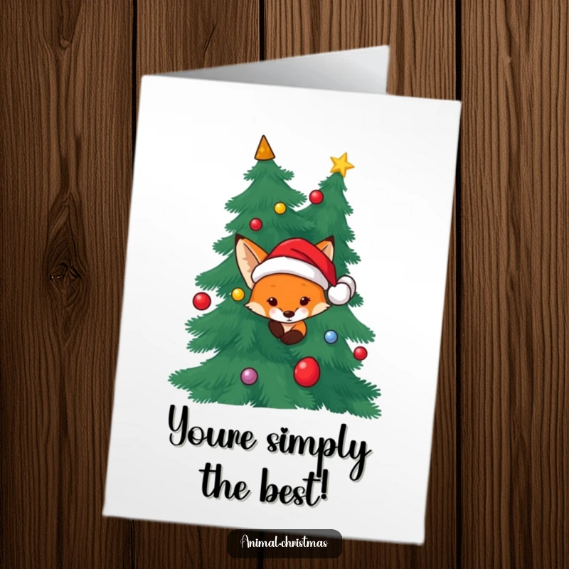 Funny Free Printable Congratulations Card: A Santa-hat fox peeks mischievously from behind a Christmas tree, celebrating your win.