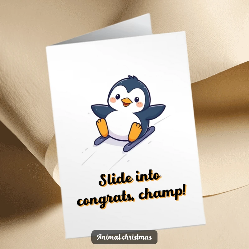Funny Free Printable congratulations card: A kawaii penguin slides down a snowy hill with pure glee, celebrating your amazing success. Get it!