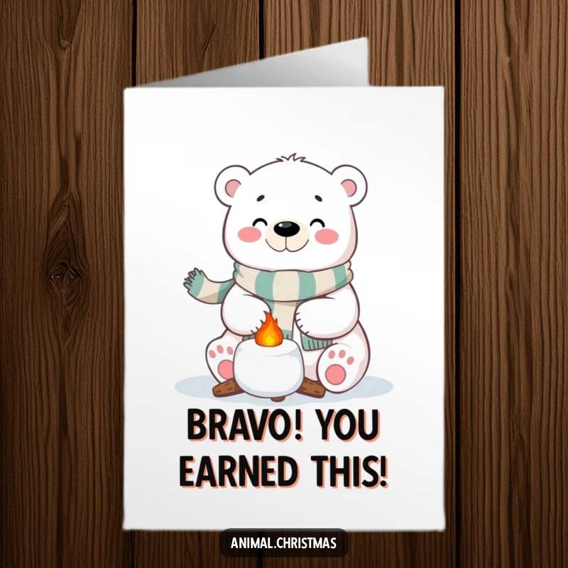 Funny Free Printable Congratulations Card: A happy polar bear with a scarf roasts a marshmallow, celebrating your sweet success.