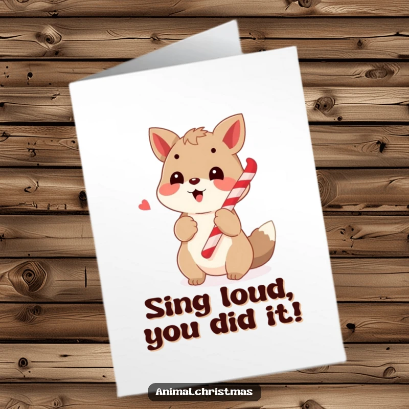 Funny Free Printable Congratulations Card: A happy animal caroling with a candy cane, celebrating success.