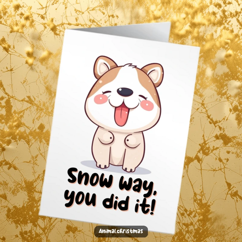 Funny Free Printable Congrats Card: Adorable cartoon animal joyfully catching falling snowflakes on its tongue, pure delight and celebration.