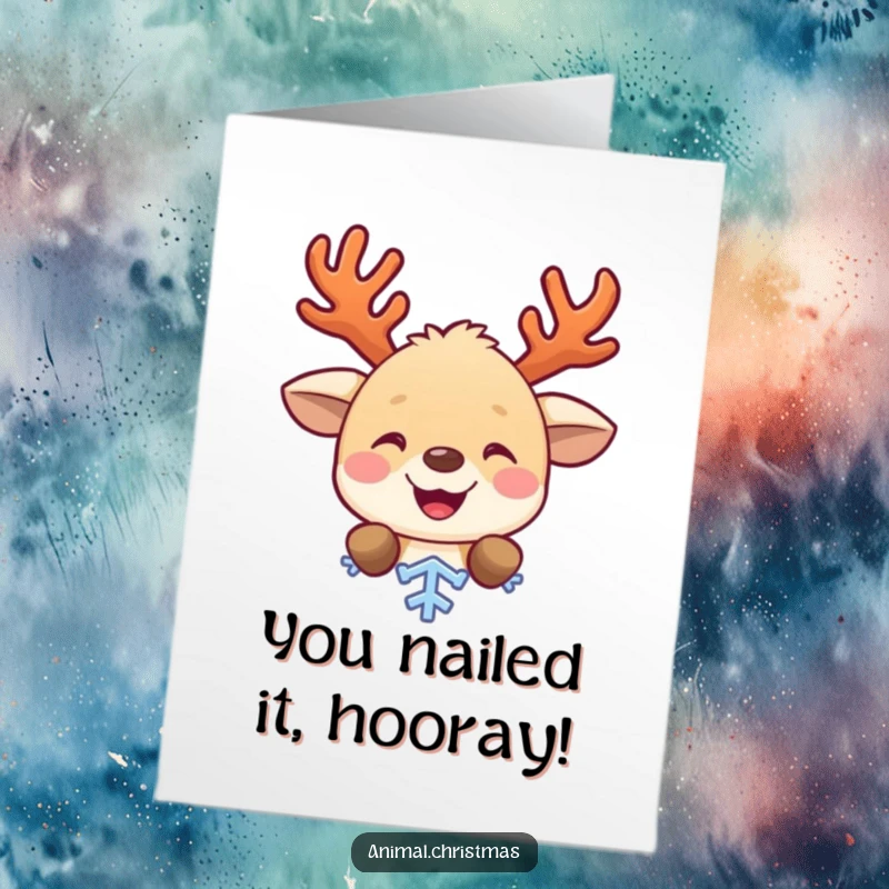 Funny Free Printable Congratulations Card with a cute antlered animal peeking from behind a snowflake, perfect for any celebration.