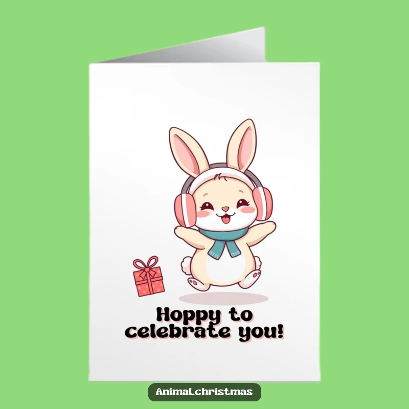 Free Printable Congratulations Card: Cheerful Rabbit in Earmuffs, Funny Download