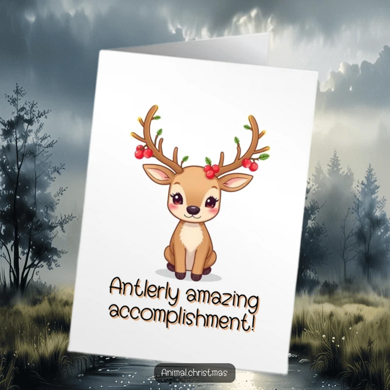 Funny Free Printable Congratulations Card: A graceful deer showcases festive antlers adorned with luminous berries for a special occasion.