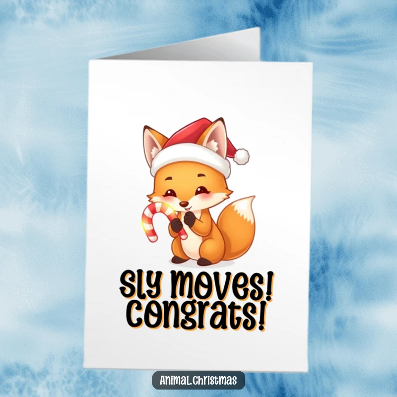 Funny Free Printable Congratulations Card: Festive fox in a Santa hat holding a glowing candy cane, signifying sweet achievements.