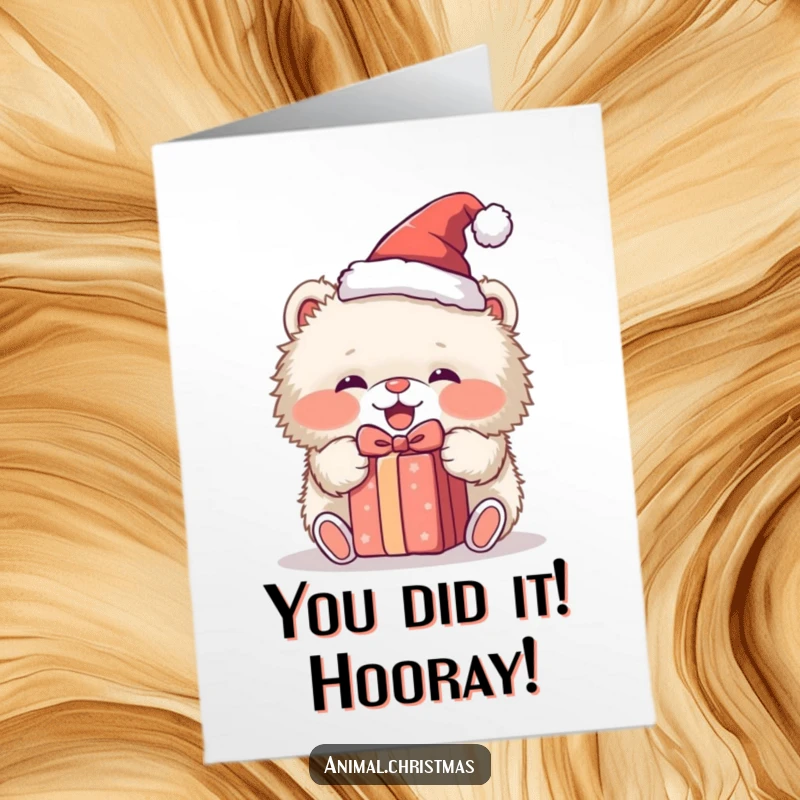 Funny Free Printable Congratulations Card: Cute fluffy animal in Santa hat joyfully opens present, celebrating success.