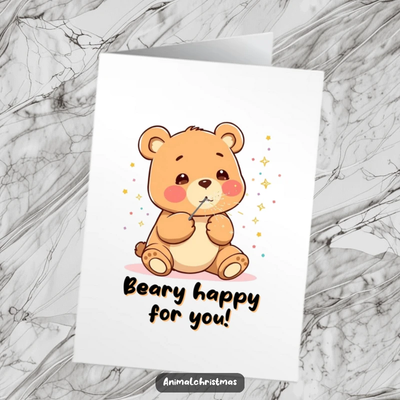 Funny Free Printable Congratulations Card: A cute kawaii bear happily blows a shower of sparkly confetti, celebrating success.
