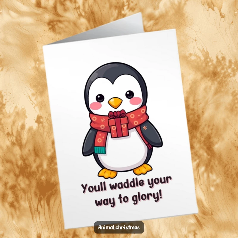 Funny Free Printable Congratulations Card: A penguin in a festive scarf proudly presents a gift, celebrating your achievement.