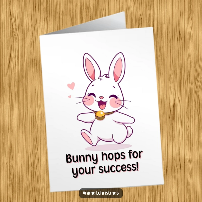 Funny Free Printable Congratulations Card: A cheerful bunny adorned with a jingle bell collar bounces with pure excitement.