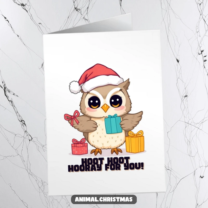 Funny Free Printable Congratulations Card: Adorable owl dressed as Santa Claus gleefully distributes gifts, celebrating success.